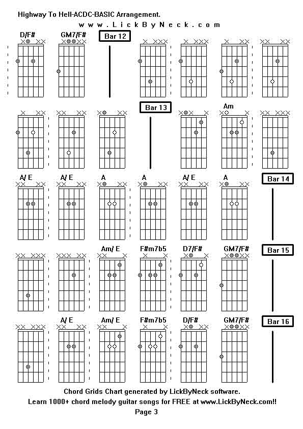 Chord Grids Chart of chord melody fingerstyle guitar song-Highway To Hell-ACDC-BASIC Arrangement,generated by LickByNeck software.